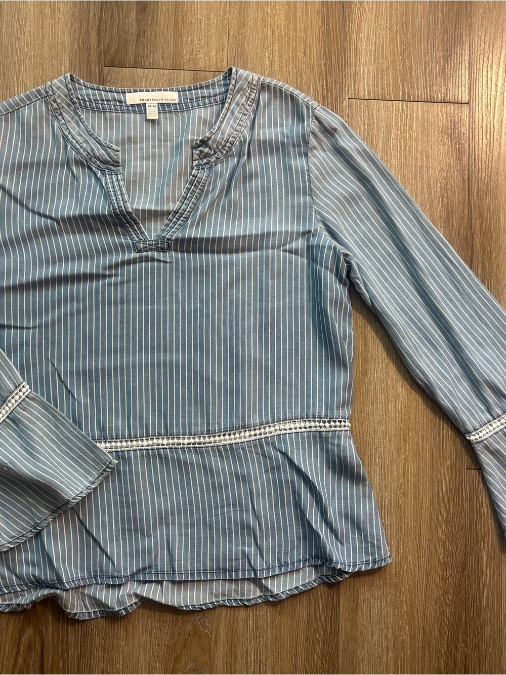 Women’s Blue Pinstripe Peplum Blouse with Crochet Trim